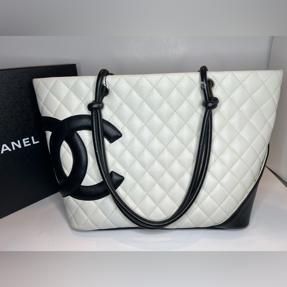 Chanel Cambon Tote Shoulder Bag Handbag White/Black Quilted Lambskin Leather - Picture 3 of 8